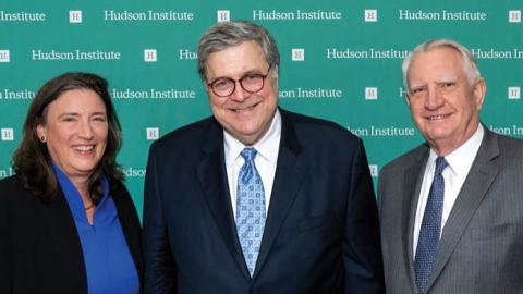 Former Attorney General Bill Barr pictured here with Hudson Chair of the Board Sarah Stern and Hudson President and CEO John Walters. (Photo by Andrea Hanks)