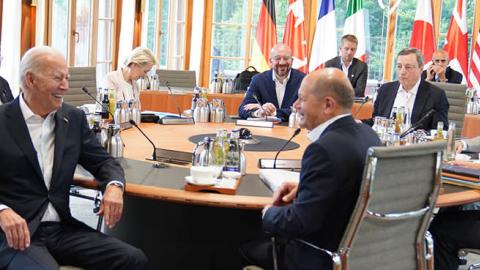 G7 leaders during a working session at the G7 summit in Schloss Elmau on June 28, 2022 near Garmisch-Partenkirchen, Germany. (Photo by Stefan Rousseau via Pool/Getty Images)