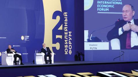 Russian President Vladimir Putin talks at the plenary session during the Saint Petersburg Economic Forum SPIEF 2022, on June 17, 2022, in Saint Petersburg, Russia. (Photo by Contributor/Getty Images)