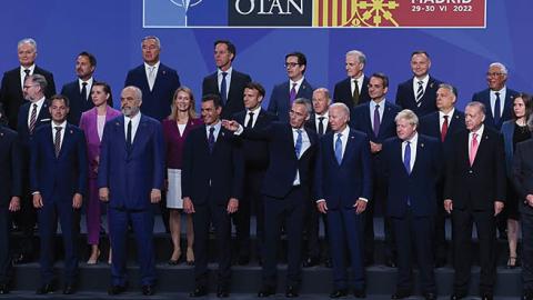 Leaders of member states of NATO line up for a group photograph on June 29, 2022, in Madrid, Spain. (Photo by Denis Doyle/Getty Images)