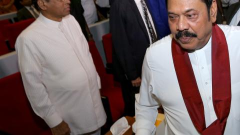 Sri Lanka's President Maithripala Sirisena, Prime Minister Ranil Wickremesinghe, and opposition leader Mahinda Rajapaksa attend an event in Colombo, Sri Lanka. (Photo by Tharaka Basnayaka/NurPhoto via Getty Images)