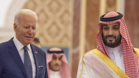 President Joe Biden meets Saudi Arabian Crown Prince Mohammed bin Salman at Alsalam Royal Palace in Jeddah, Saudi Arabia, on July 15, 2022. (Photo by Royal Court of Saudi Arabia/Anadolu Agency via Getty Images)