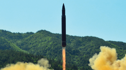 The allegedly successful test-fire of the North Korean intercontinental ballistic missile Hwasong-14 at an undisclosed location on July 4, 2017. (STR/AFP via Getty Images)