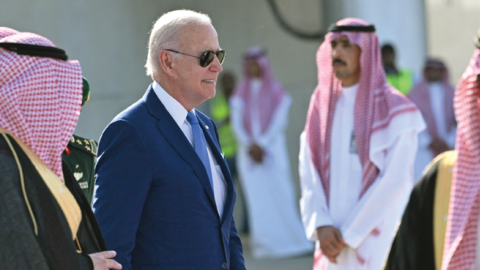 US President Joe Biden boards Air Force One before departing from King Abdulaziz International Airport in the Saudi city of Jeddah on July 16, 2022. (Photo by MANDEL NGAN/AFP via Getty Images)