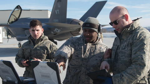 Kessel Run shares its "Mad Hatter" software with the "Green Mountain Boys" of the Vermont National Guard in South Burlington on February 12, 2020. (US Air National Guard photo by Miss Julie M. Shea)