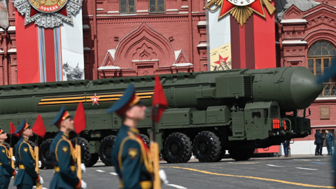 A Russian Yars intercontinental ballistic missile launcher parades through Red Square during the general rehearsal of the Victory Day military parade in central Moscow on May 7, 2022. (Photo by KIRILL KUDRYAVTSEV/AFP via Getty Images)