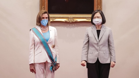 Nancy Pelosi receives the Order of Propitious Clouds with Special Grand Cordon, Taiwan’s highest civilian honor, from President Tsai Ing-wen on August 03, 2022, in Taipei, Taiwan. (Chien Chih-Hung/Office of The President via Getty Images)