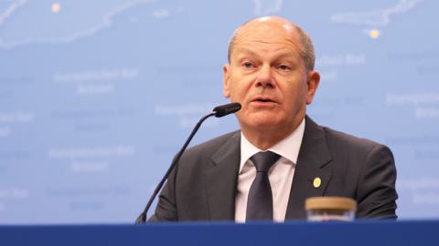 German Chancellor Olaf Scholz holds a press conference after the EU Leaders Summit in Brussels, Belgium, on June 24, 2022. (Dursun Aydemir/Anadolu Agency via Getty Images)