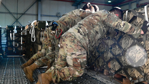 Airmen of the 721st Aerial Port Squadron load pallets of Ukraine-bound ammunition to a C-130 Hercules at Ramstein Air Base, Germany, on August 7, 2022. (US Air Force photo by Capt. Emma Quirk)