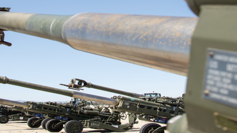 Ukraine-bound M777 Howitzers staged at March Air Reserve Base, California, on April 22, 2022. (US Marine Corps Photo by Cpl. Austin Fraley)