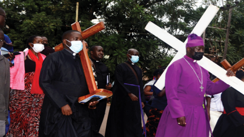 Christian devotees take part in a holy procession on Good Friday in Kampala, Uganda, on April 15, 2022.  (Nicholas Kajoba/Xinhua via Getty Images)