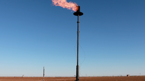 Natural gas is flared off during an oil drilling operation in the Permian Basin oil field on March 12, 2022, in Stanton, Texas. (Joe Raedle/Getty Images)