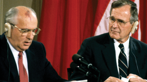 Mikhail Gorbachev and George HW Bush hold a joint press conference in the White House's East Room, Washington DC, June 3, 1990. (Ron Sachs/CNP/Getty Images)