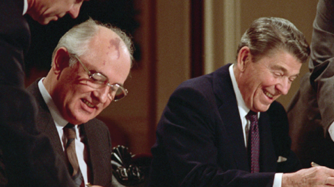 Ronald Reagan and Soviet leader Mikhail Gorbachev signing the arms control agreement banning the use of intermediate-range nuclear missiles, the Intermediate Nuclear Forces Reduction Treaty, in Washington DC on December 8, 1987. (Bettman via Getty Images)