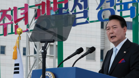 President Yoon Suk Yeol speaks during the celebration of the 77th National Liberation Day at Presidential House on August 15, 2022, in Seoul, South Korea. (Ahn Young-Joon - Pool/Getty Images)
