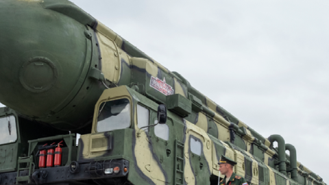 An RT-2PM2 intercontinental ballistic missile on display at Army Expo 2022 in Moscow's Patriot Park on August 20, 2022. (Washington Post via Getty Images)