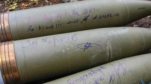 Signed shells lie on the ground in Kharkiv Region, Ukraine, on July 28, 2022. (Vyacheslav Madiyevskyy/ Ukrinform/Future Publishing via Getty Images)