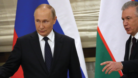 Vladimir Putin and Uzbek President Shavkat Mirziyoyev during the Russian-Uzbek signing ceremony at the Shanghai Cooperation Organization Summit on September 15, 2022, in Samarkand, Uzbekistan. (Contributor/Getty Images)