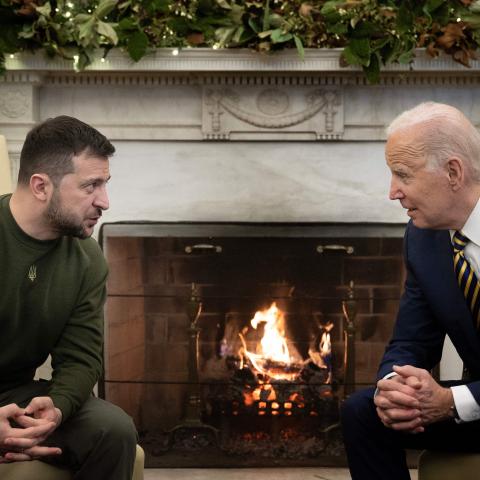 President Volodymyr Zelenskyy meets with Joe Biden in the Oval Office on December 21, 2022. (Brendan Smialowski/AFP via Getty Images)