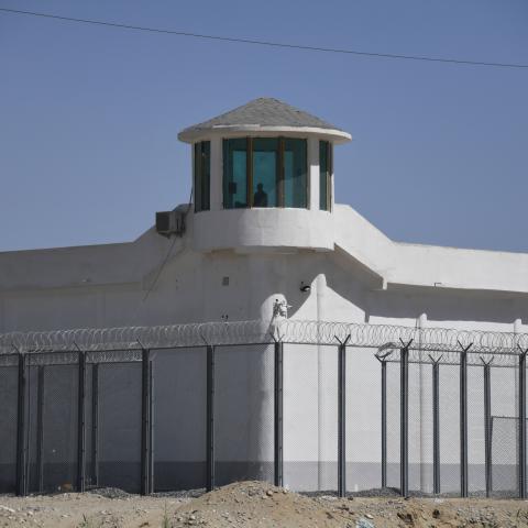 A watchtower on a high-security facility near what is believed to be a reeducation camp where mostly Muslim ethnic minorities are detained in Xinjiang, China, on May 31, 2019. (Greg Baker/AFP via Getty Images)