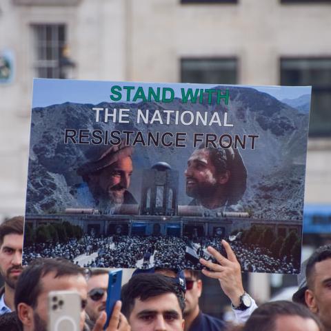 A demonstrator holds a pro–National Resistance Front placard during a protest in Trafalgar Square on September 12, 2021. (Vuk Valcic/SOPA Images/LightRocket via Getty Images)