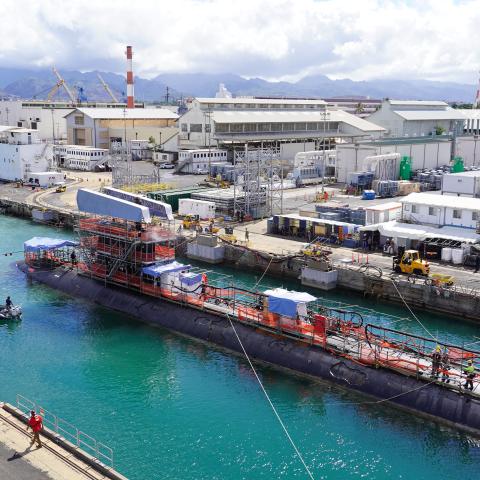 Fast-attack submarine USS North Carolina (SSN 777) enters Dry Dock 1 at Pearl Harbor Naval Shipyard and Intermediate Maintenance Facility, Hawaii, on September 4, 2024. (US Navy photo by Justice Vannatta)