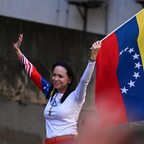 Venezuelan opposition leader Maria Corina Machado waves a national flag during an opposition protest  on January 9, 2025, in Caracas, Venezuela. (Getty Images)