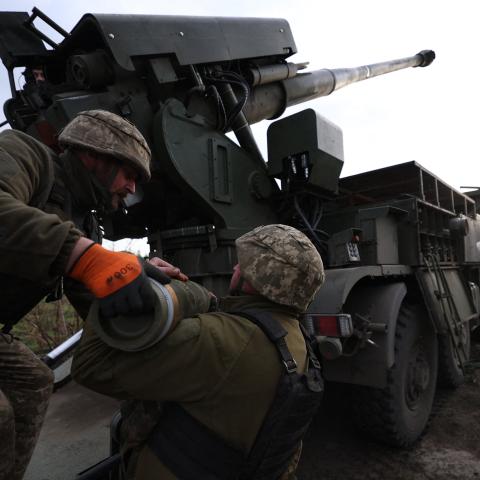 Gunners from 43rd Separate Mechanized Brigade of the Armed Forces of Ukraine fire at Russian position with a 155 mm self-propelled howitzer 2C22 "Bohdana", in the Kharkiv region, on April 21, 2024, amid the Russian invasion in Ukraine. (Photo by Anatolii STEPANOV / AFP) (Photo by ANATOLII STEPANOV/AFP via Getty Images)