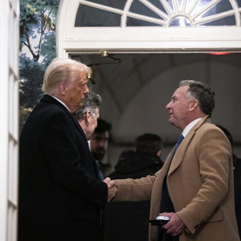 President Donald Trump shakes hands with US Special Envoy to the Middle East Steve Witkoff on February 11, 2025, in Washington, DC. (Al Drago via Getty Images)