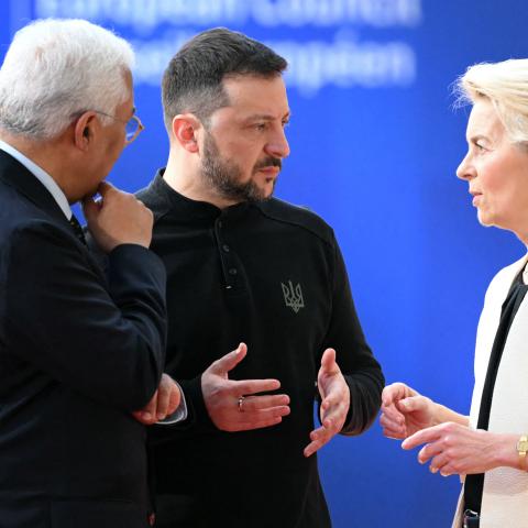 European Commission President Ursula von der Leyen greets Ukraine's President Volodymyr Zelensky as he arrives at the Special European Council in Brussels on March 6, 2025. (Nicolas Tucat/AFP via Getty Images)