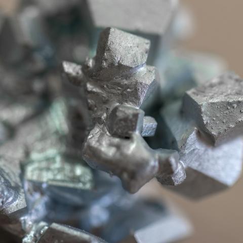 Crystals of gallium are seen in a laboratory at the TU Bergakademie in Freiberg, Germany, on September 13, 2023. (Hendrik Schmidt via Getty Images)