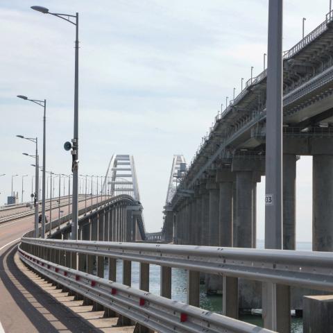 The Kerch Bridge connecting Russia to occupied Crimea is seen on October 13, 2022. (Stringer via Getty Images)