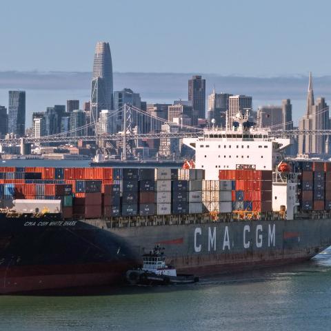 An aerial view of a container ship arriving at the Port of Oakland on October 10, 2025, in Oakland, California. (Getty Images) Share to Twitter