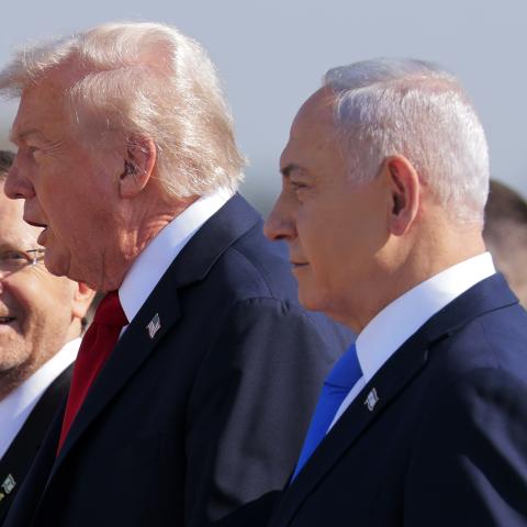 US President Donald Trump is welcomed by Israeli President Isaac Herzog and Prime Minister Benjamin Netanyahu at Ben Gurion International Airport on October 13, 2025, in Tel Aviv, Israel. (Getty Images)