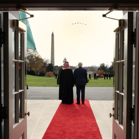  Crown Prince and Prime Minister Mohammed bin Salman of Saudi Arabia (L) and U.S. President Donald Trump watch a military flyover as bin Salman arrives at the White House on November 18, 2025 in Washington, DC. Trump is hosting the crown prince for meetings aimed at strengthening economic and defense ties, including the U.S. sale of F-35 fighter jets to Saudi Arabia. (Photo by Win McNamee/Getty Images)