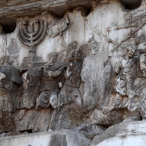 A relief on the Arch of Titus depicts sacred objects from the Temple of Jerusalem being carried during a triumphal procession, as seen on December 7, 2017, in Rome, Italy. (Getty Images)