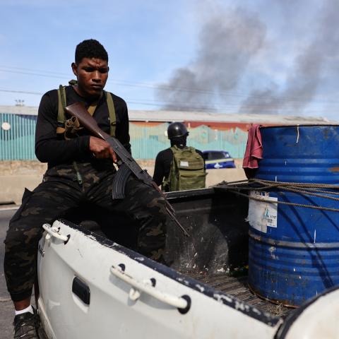 Members of Cuadrantes De La Paz patrol the surroundings of the Port of La Guaira after explosions and low-flying aircraft were heard on January 3, 2026, in La Guaira, Venezuela. (Getty Images)