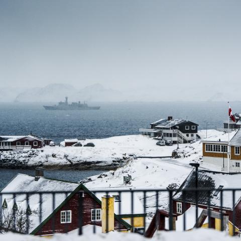 The Danish navy's inspection ship HDMS Vaedderen sails off Nuuk, Greenland, on January 18, 2026. (Getty Images)
