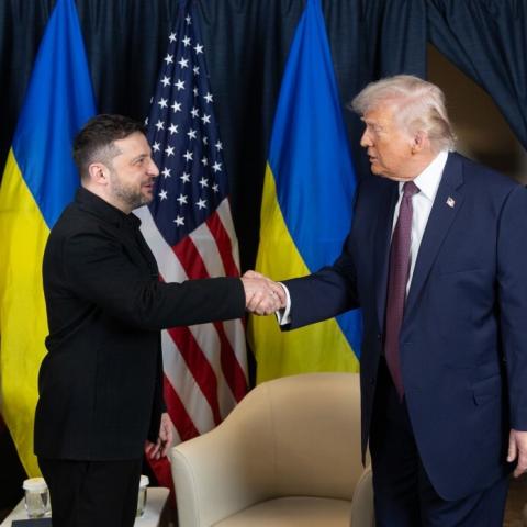 President Donald Trump meets with Ukrainian President Volodymyr Zelenskyy in Davos, Switzerland, on January 23, 2026. (Getty Images) Share to Twitter