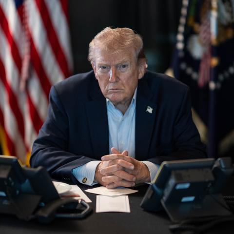 President Donald Trump sits at a table monitoring military operations during Operation Epic Fury against Iran on March 2, 2026. (Getty Images)