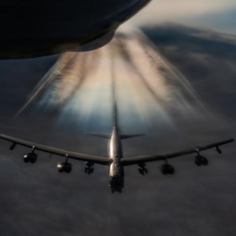 A U.S. Air Force KC-135 Stratotanker aircraft prepares to refuel a B-52H Stratofortress aircraft during Operation Epic Fury over the U.S. Central Command area of responsibility, March 20, 2026. (U.S. Air Force photo)