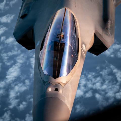 A U.S. Air Force KC-135 Stratotanker aircraft flies above a U.S. Air Force F-35A Lightning II aircraft during Operation Epic Fury in the U.S. Central Command area of responsibility April 5, 2026. (U.S. Air Force photo)