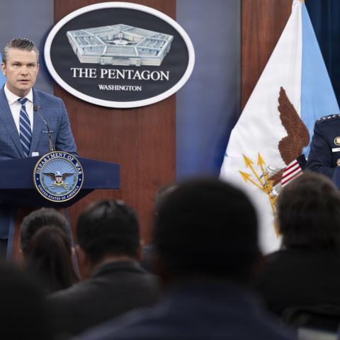 Secretary of War Pete Hegseth and Chairman of the Joint Chiefs of Staff U.S. Air Force Gen. Dan Caine conduct a press briefing on Operation Epic Fury at the Pentagon, Washington, D.C., April 8, 2026. (DoW photo by U.S. Navy Petty Officer 1st Class Eric Brann)