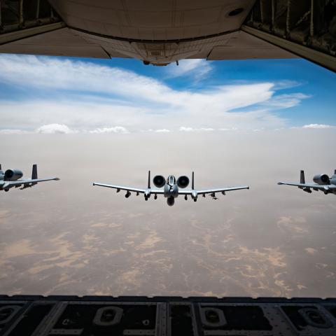 Three U.S. Air Force A-10C Thunderbolt II aircraft fly in formation after aerial refueling from an HC-130J Combat King II aircraft in the U.S. Central Command area of responsibility, May 9, 2026. (U.S. Air Force photo)