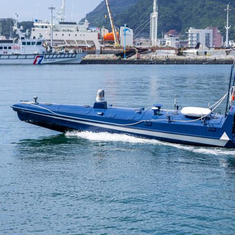 An uncrewed surface vessel, Black Tide I by Lungteh Shipbuilding, maneuvers as a part of the demonstration during a demonstration on June 17, 2025, in Yilan, Taiwan. (Getty Images)