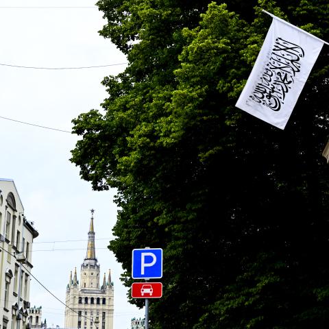 The flag used by the Taliban's interim government is seen over Afghanistan’s embassy in Moscow on July 4, 2025, after Russia officially recognized the Taliban government in Afghanistan . (Getty Images)