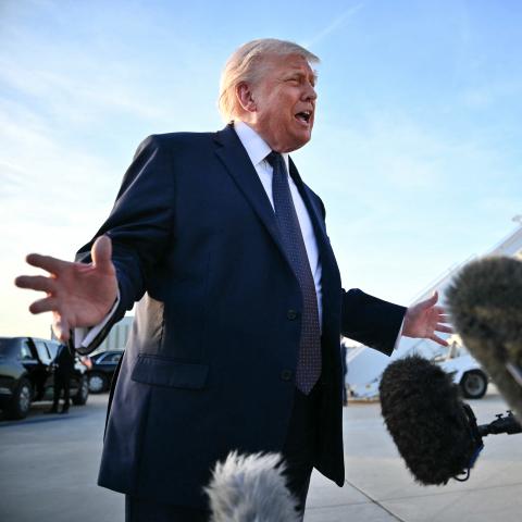 President Donald Trump addresses the media on the tarmac after arriving at Paris Orly Airport on June 17, 2026. (Getty Images)