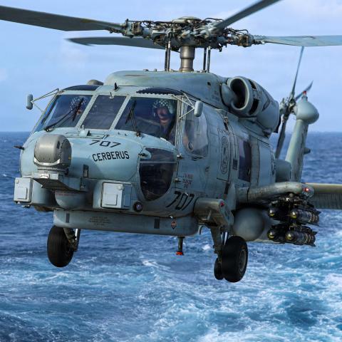 An MH-60R Sea Hawk helicopter takes off from the flight deck of Arleigh Burke–class guided-missile destroyer USS Mason in the Arabian Sea on June 20, 2026. (US Navy)