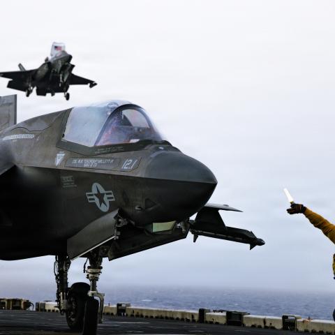 A US Marine Corps F-35B Lightning II lands aboard the America-class assault ship USS Tripoli during flight operations in the US Central Command area of responsibility on May 30, 2026. (US Marine Corps)