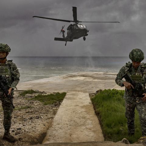A Philippine Air Force Black Hawk helicopter lands on June 29, 2023, on Mavulis Island, which is the Philippines’ northernmost island and is roughly 88 miles from Taiwan. (Getty Images)